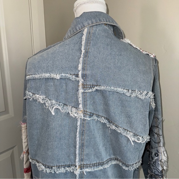 Patchwork Denim and Lace Jacket Distressed Boho Denim Shacket Mixed Floral Lace - Picture 11 of 17